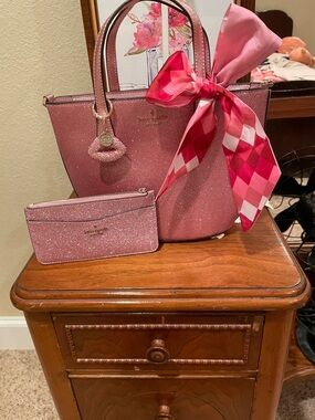 kate spade Pink Glitter Tote with Matching Zip Pouch and Scarf Accent